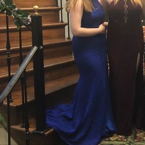 Royal blue lace prom dress with open back